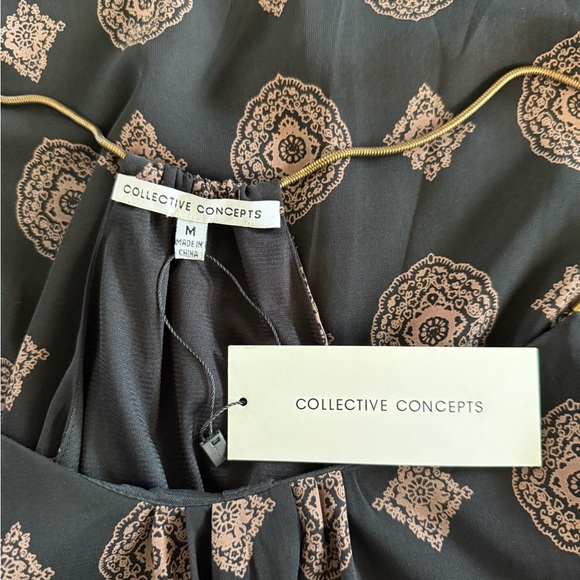 Collective Concepts Women’s Black & Tan Patterned Top with Bronze Straps Size M - Picture 7 of 8